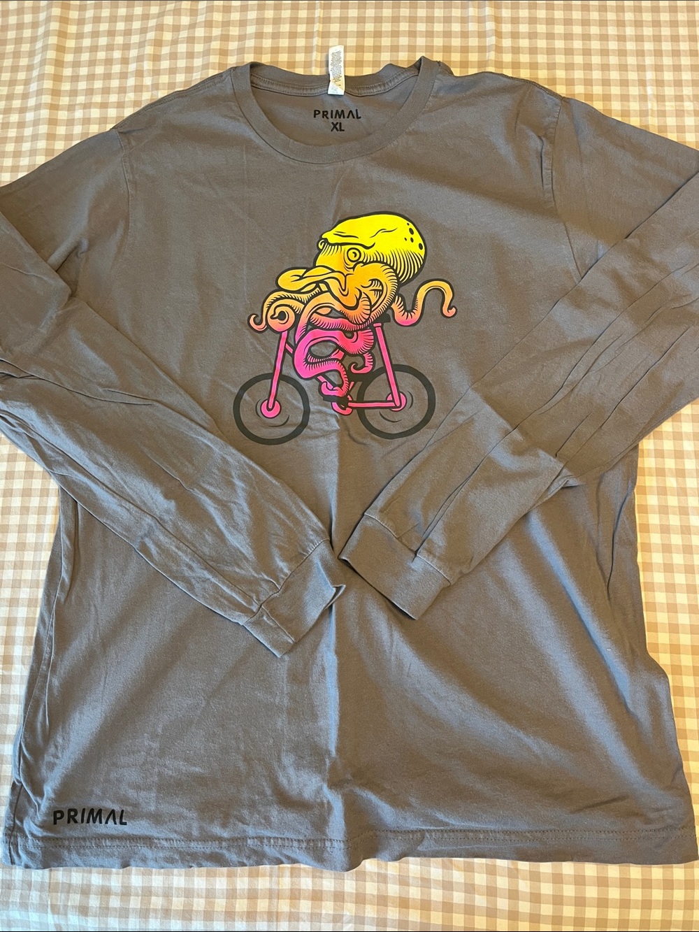 Men's Primal Gray Long Sleeve Shirt with Yellow & Pink Octopus Bike Graphic